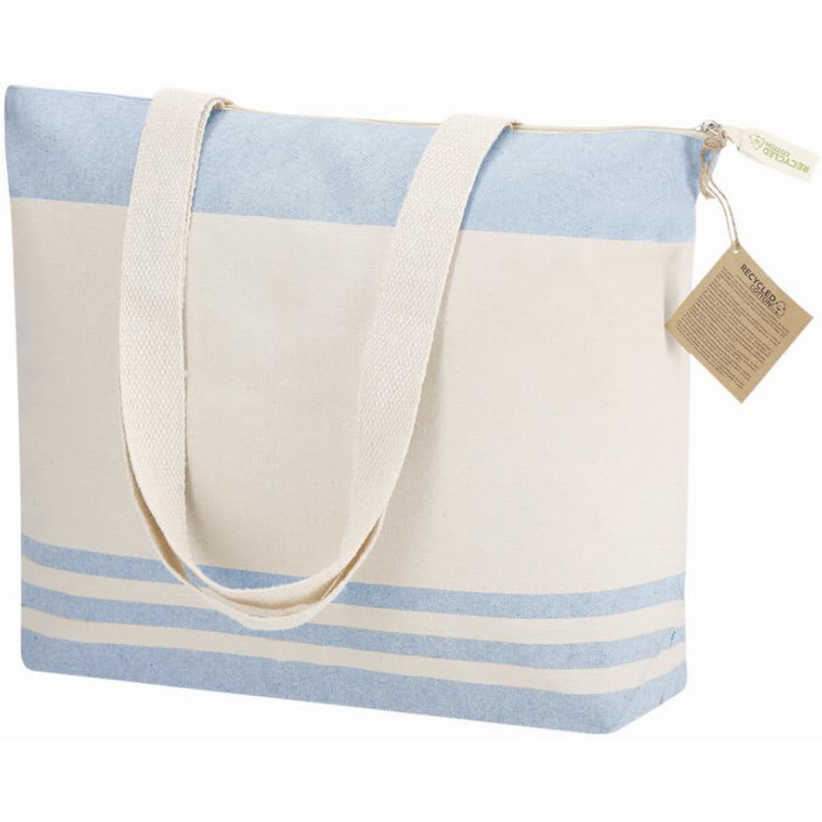 A tote bag featuring a light blue and cream design with a zip closure and long straps for carrying.