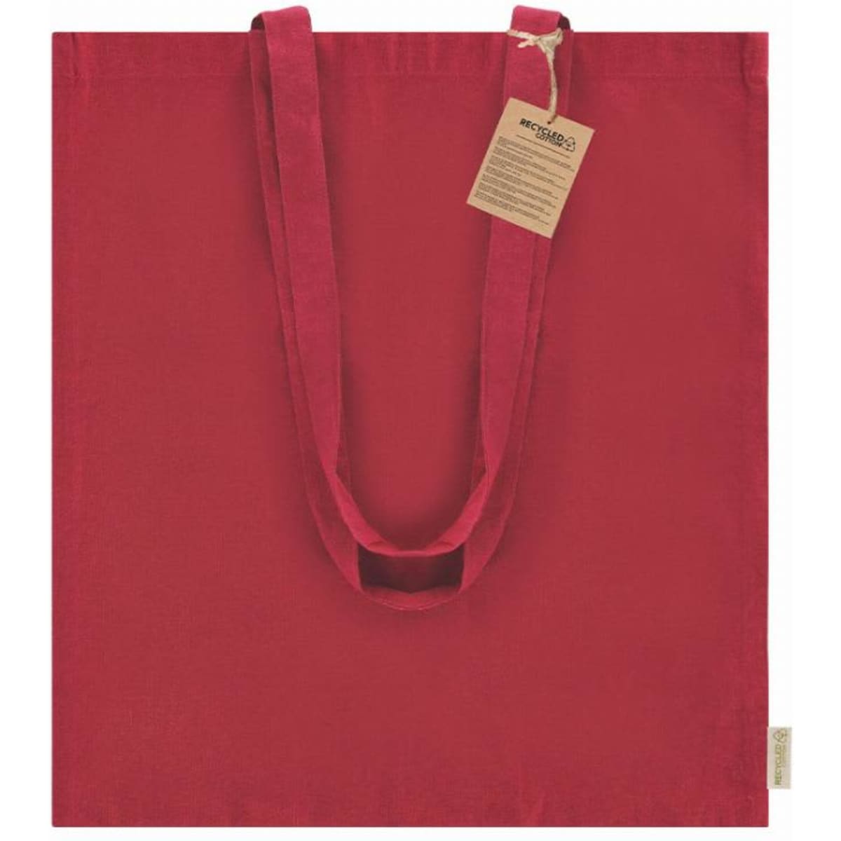 A red tote bag with two handles and a tag. The bag is made of sturdy fabric and features a branding logo.