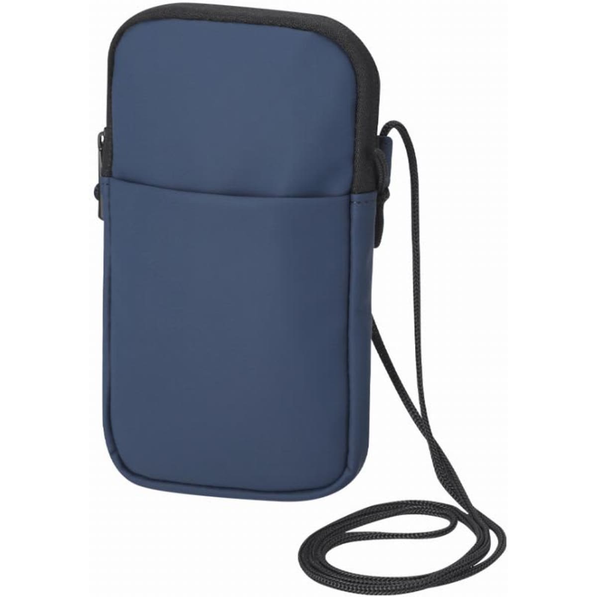 A phone pouch in navy blue with a zip closure and a black adjustable strap for carrying.