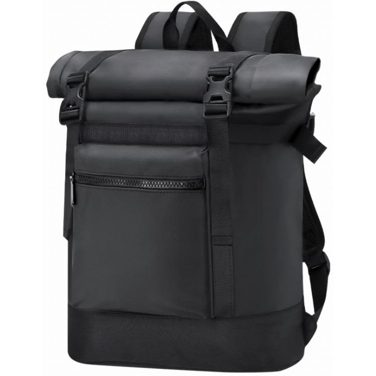A roll-top backpack in black with adjustable straps and a front zippered pocket. It has a sleek, modern design.