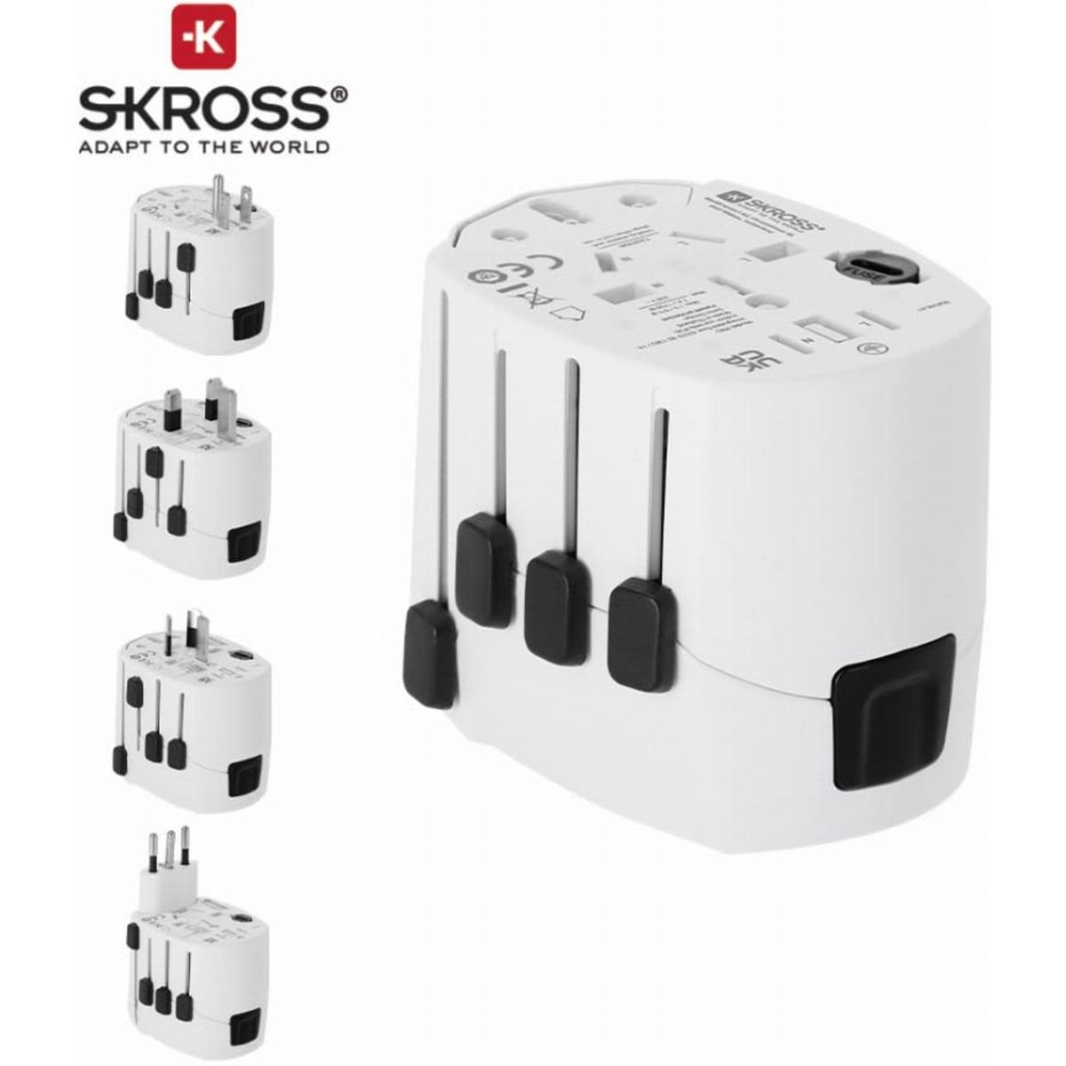 A travel adapter with four interchangeable plugs, featuring a white body and a black base, includes a logo.
