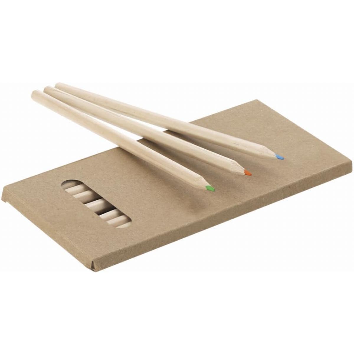 Coloured pencils in green, orange, and blue displayed on a cardboard holder with a logo.