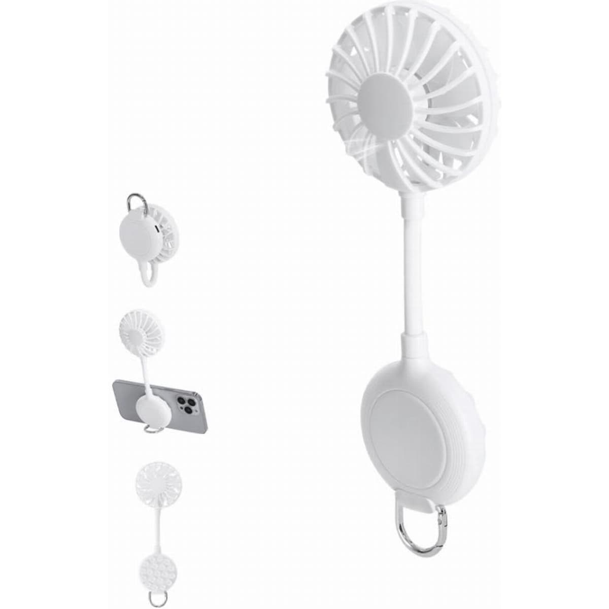 A portable white fan with a retractable string and a clip for attaching to various surfaces.