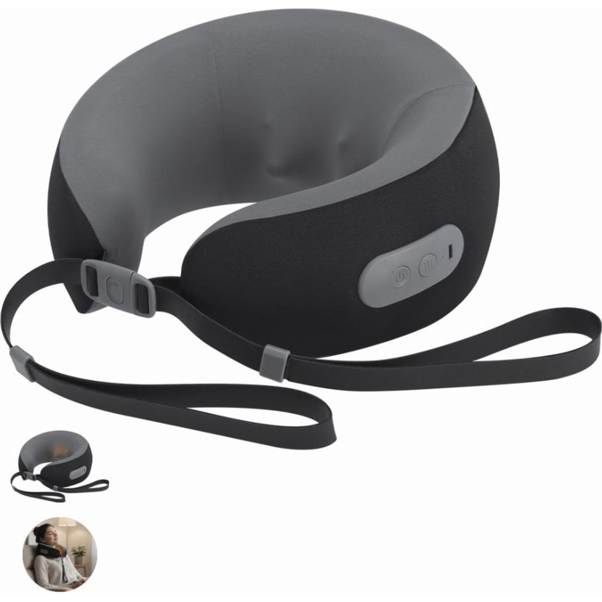 A sleep mask in grey and black with adjustable straps and built-in buttons, featuring a rounded design.