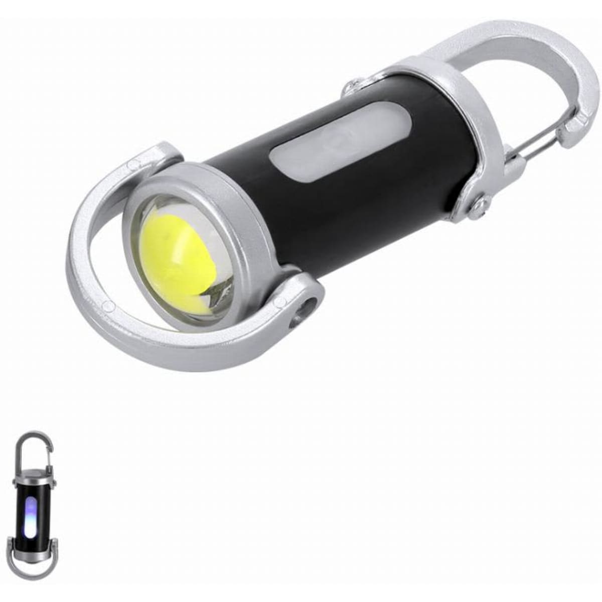 A flashlight with a black body, silver accents, and a yellow light, featuring a carabiner for attachment.