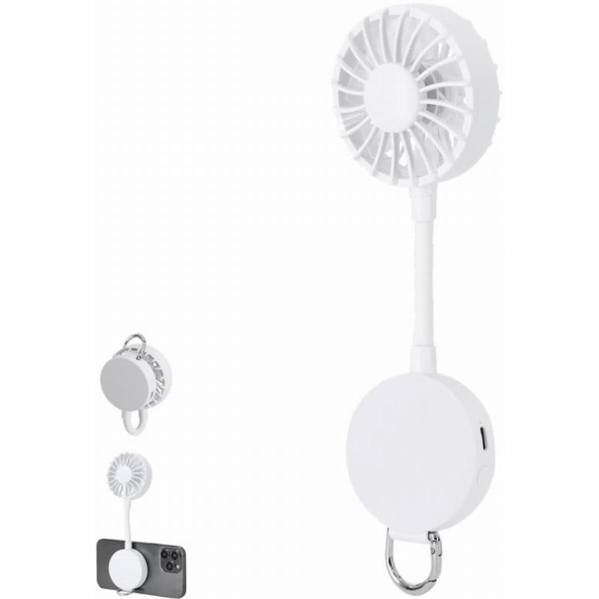 A portable fan with a retractable design in white, featuring a hook for easy attachment and a USB charging port.