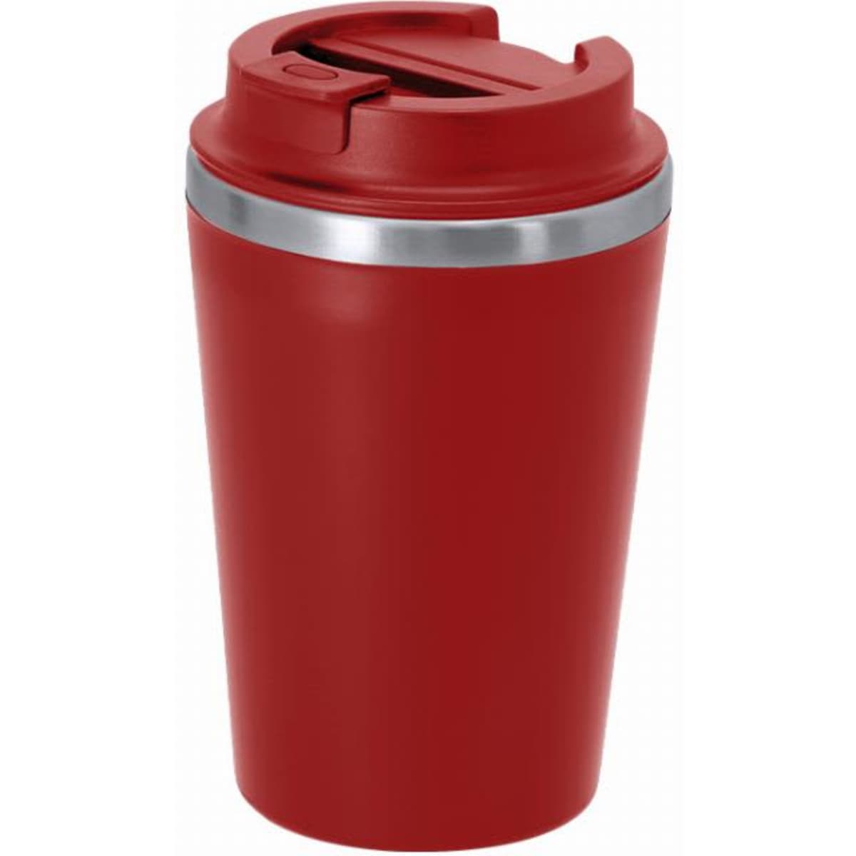 A drink bottle in red with a stainless steel band and a lid featuring a drink opening. It has a sleek, modern design.