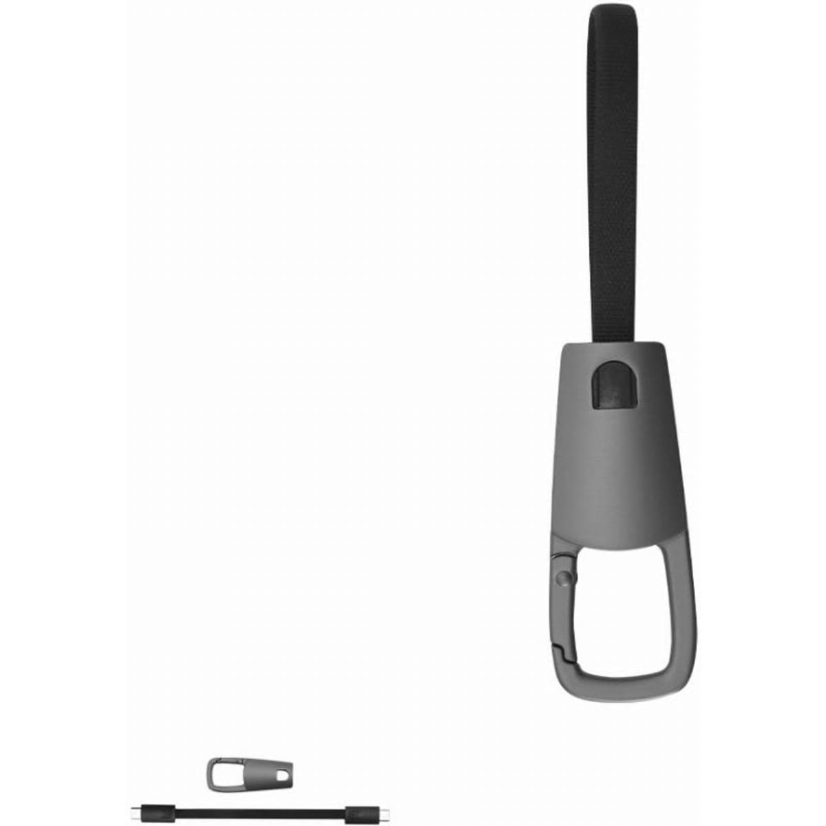 A drink bottle with a grey body and a detachable black strap, featuring a simple ergonomic design.