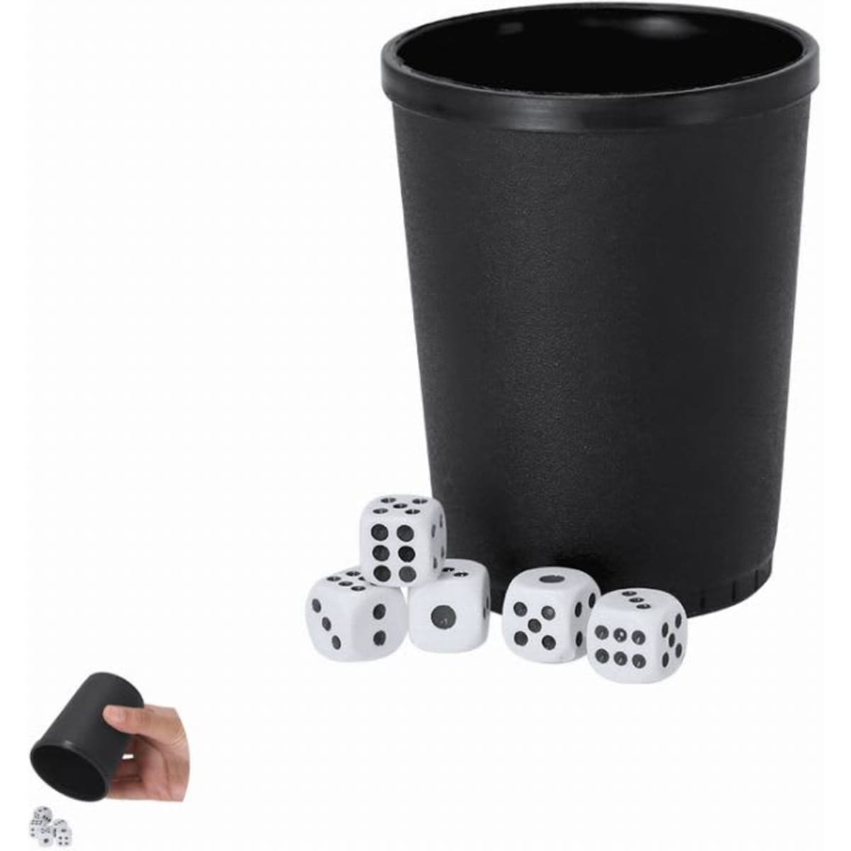 A black cup with several white dice beside it. The cup has a simple design and is suitable for games.