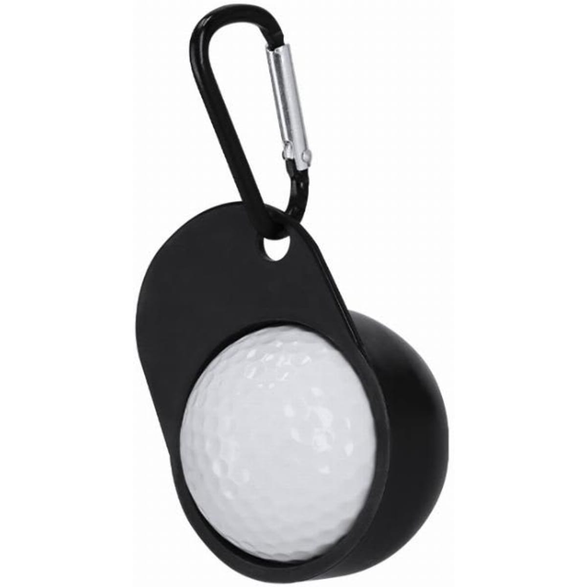 A golf ball shaped keychain with a black carabiner. The ball is white with a textured surface.