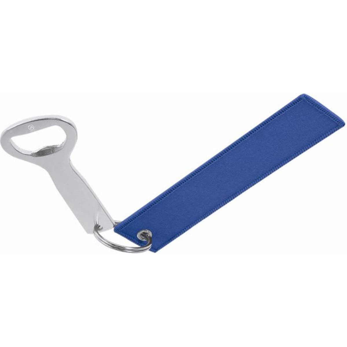 A bottle opener with a silver metal head and a blue fabric handle, featuring a ring for attachment.