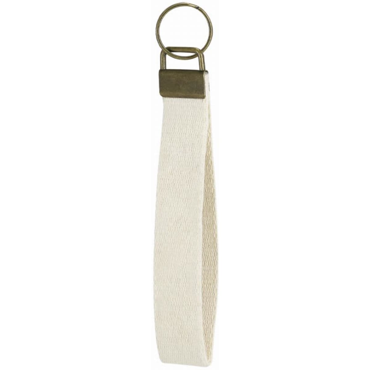 A key ring with a white fabric strap and metal attachment. Features a circular ring for keys or small items.