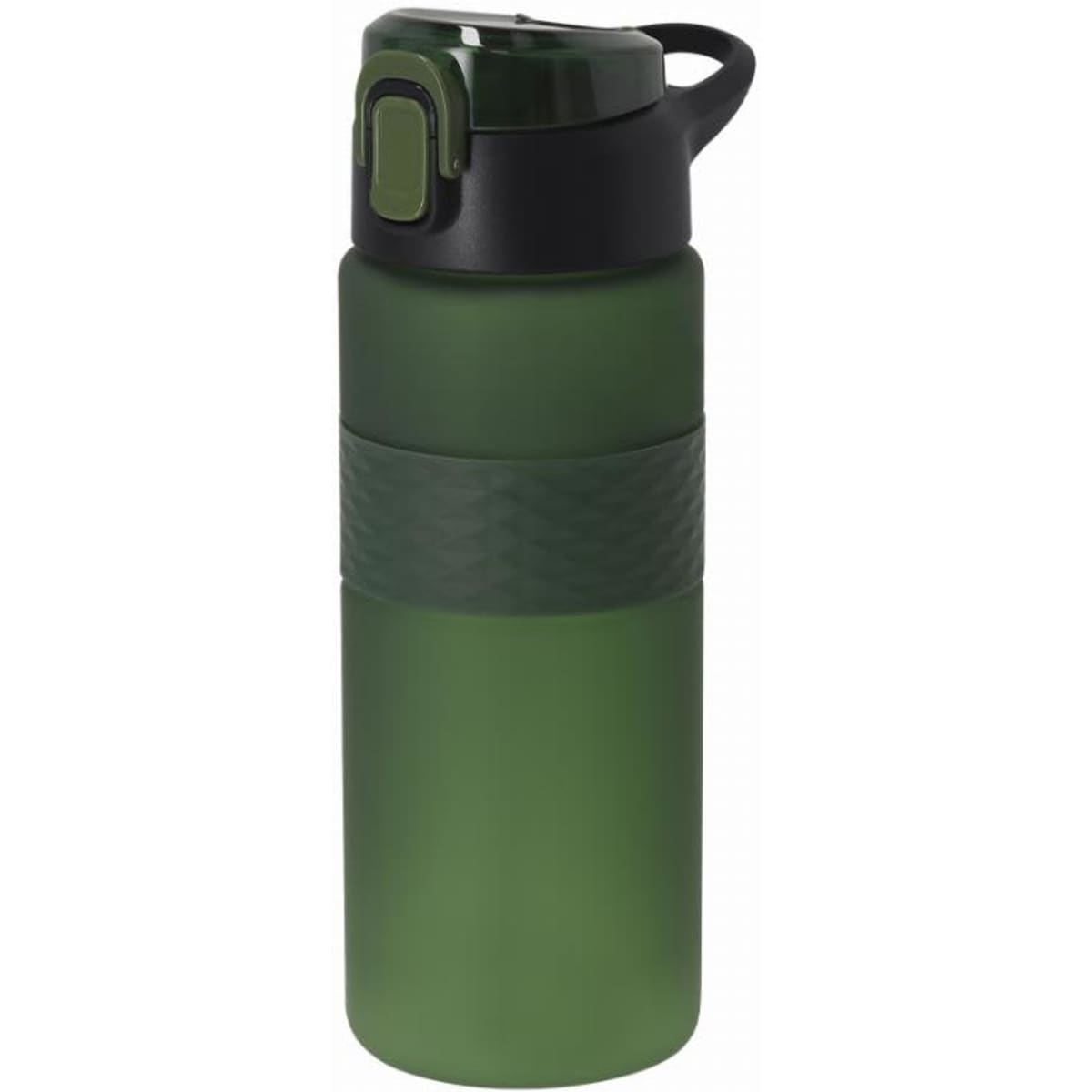 A drink bottle in green with a textured band and a black lid featuring a spout. It includes a handle for easy carrying.