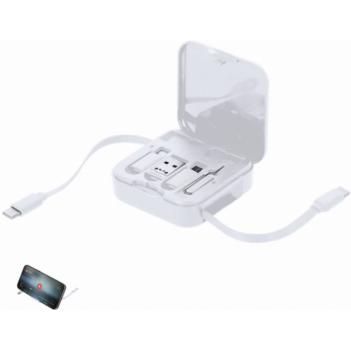 A portable charging case in white, open to reveal two charging cables and a connector, alongside a smartphone.