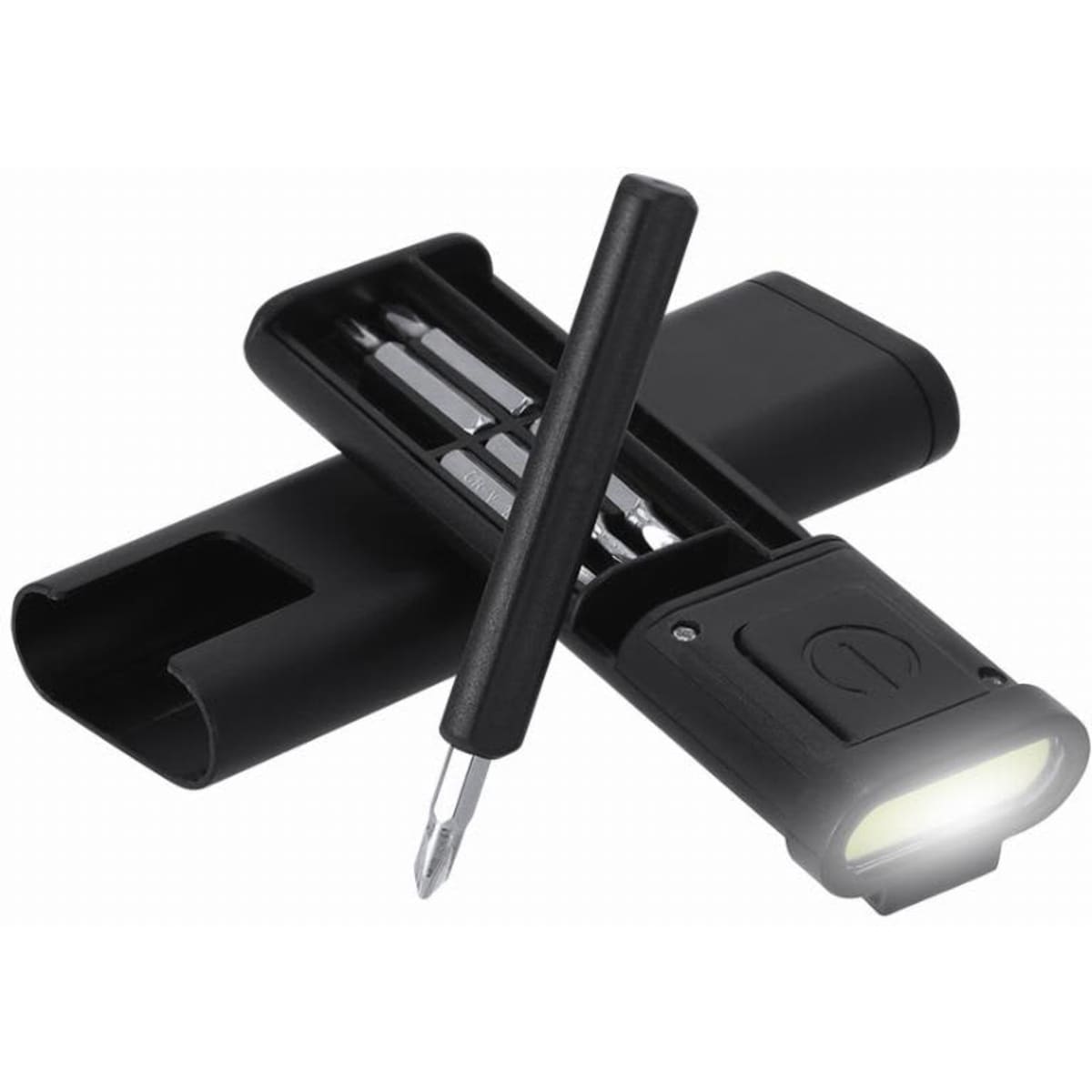 A compact black toolkit featuring a flashlight and tools set, including a screwdriver housed in a sleek case.