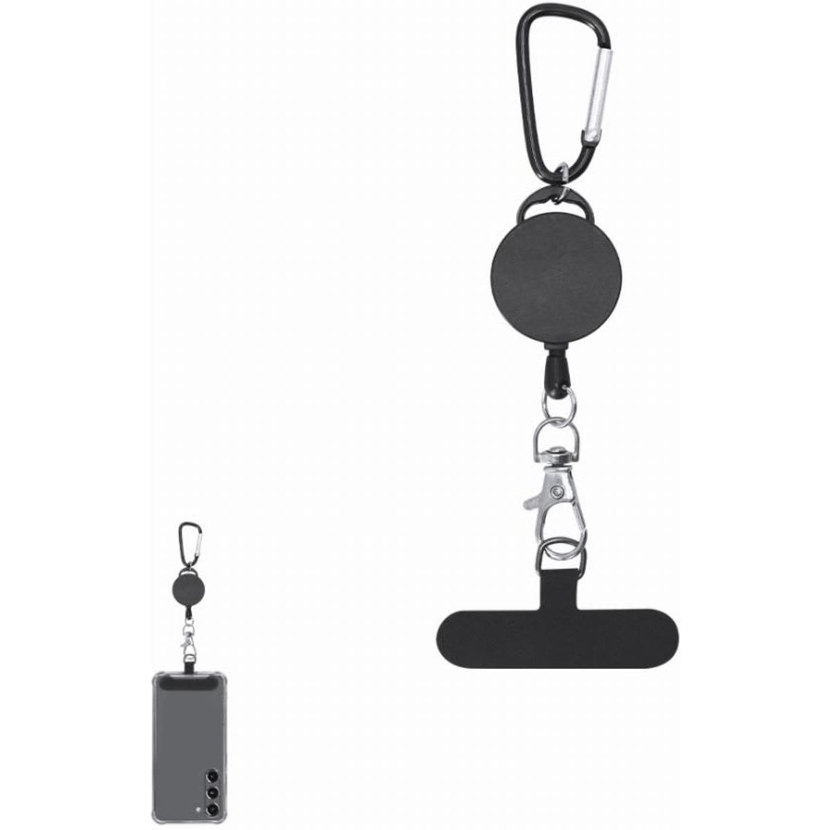 A retractable badge holder in black with a carabiner clip and a swivel snap hook attachment.