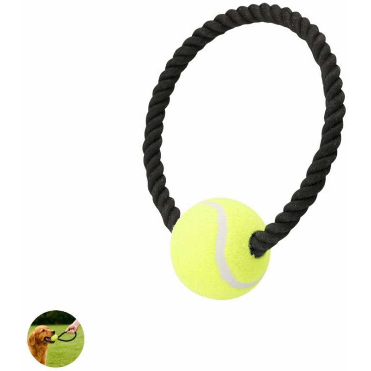 A yellow tennis ball attached to a black rope for pet play. Features a logo on the rope.