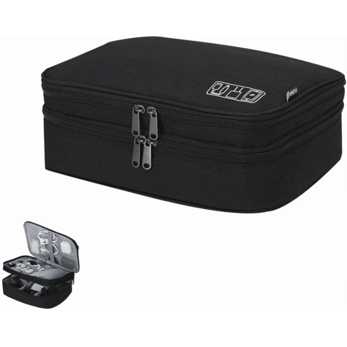 A black cable tidy case with a double zipper and a smaller transparent compartment for accessories.