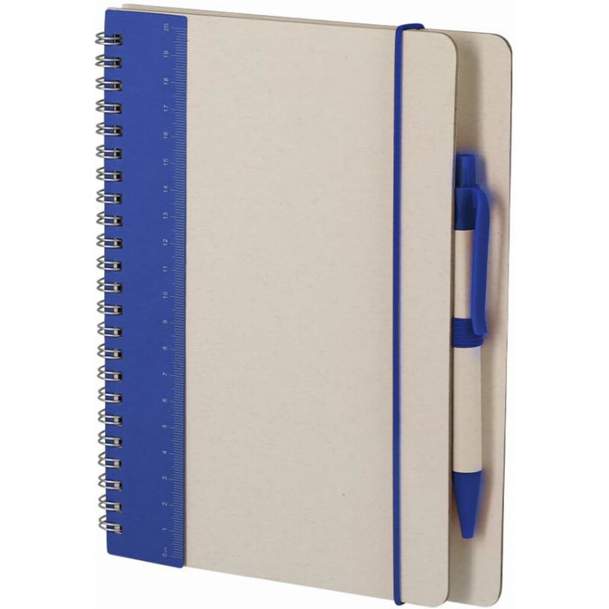 A notebook with a blue spine and ruler, featuring a pen attached to the side. The cover is cream coloured.