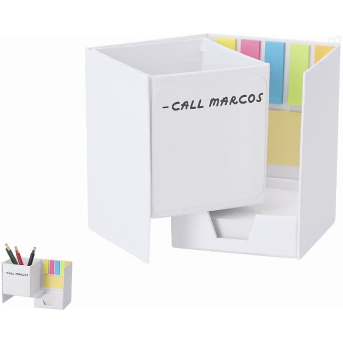 A desk organiser featuring a white design with compartments for sticky notes and writing utensils. It has a logo.