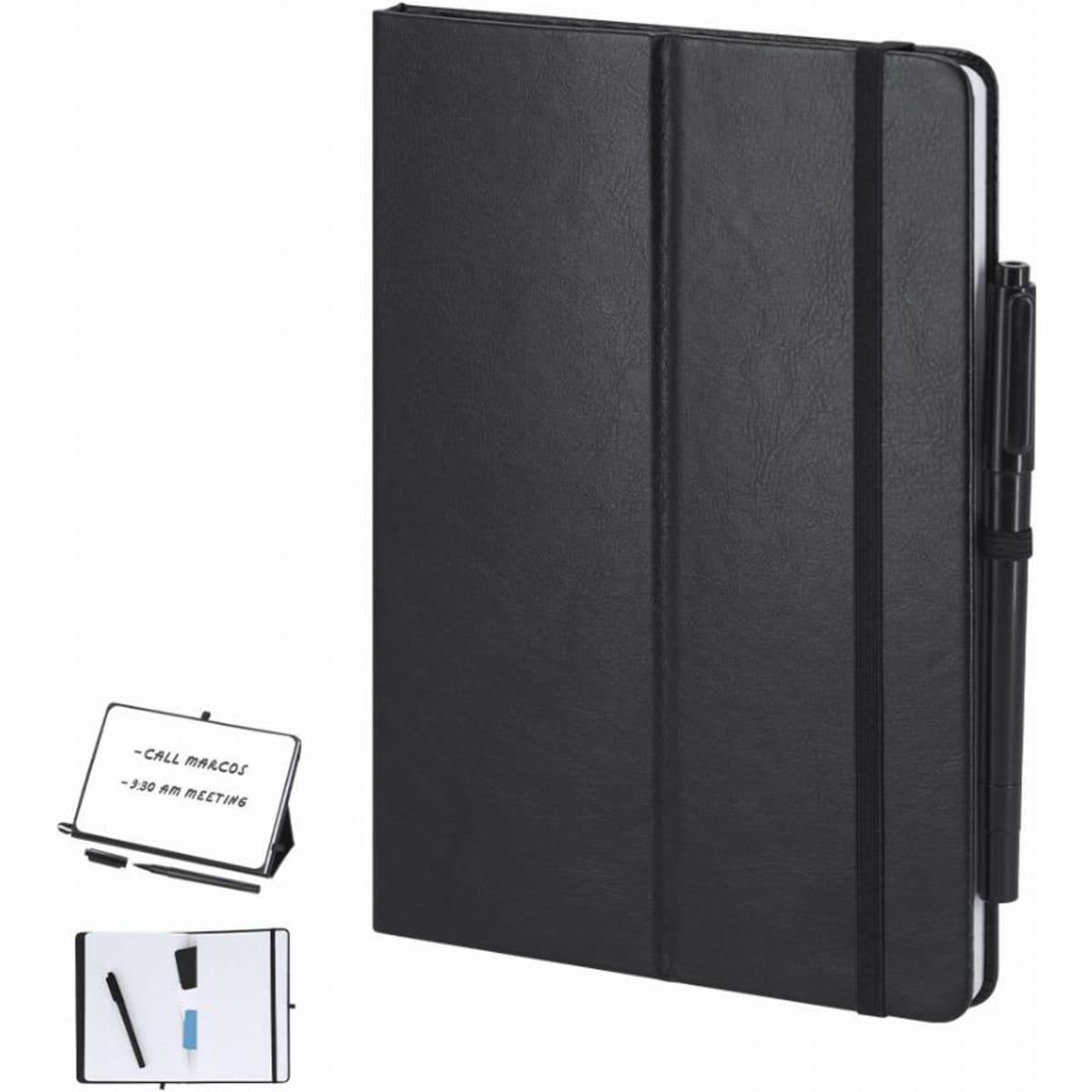 A black notebook with a pen, featuring an elastic closure and a stand for displaying notes.