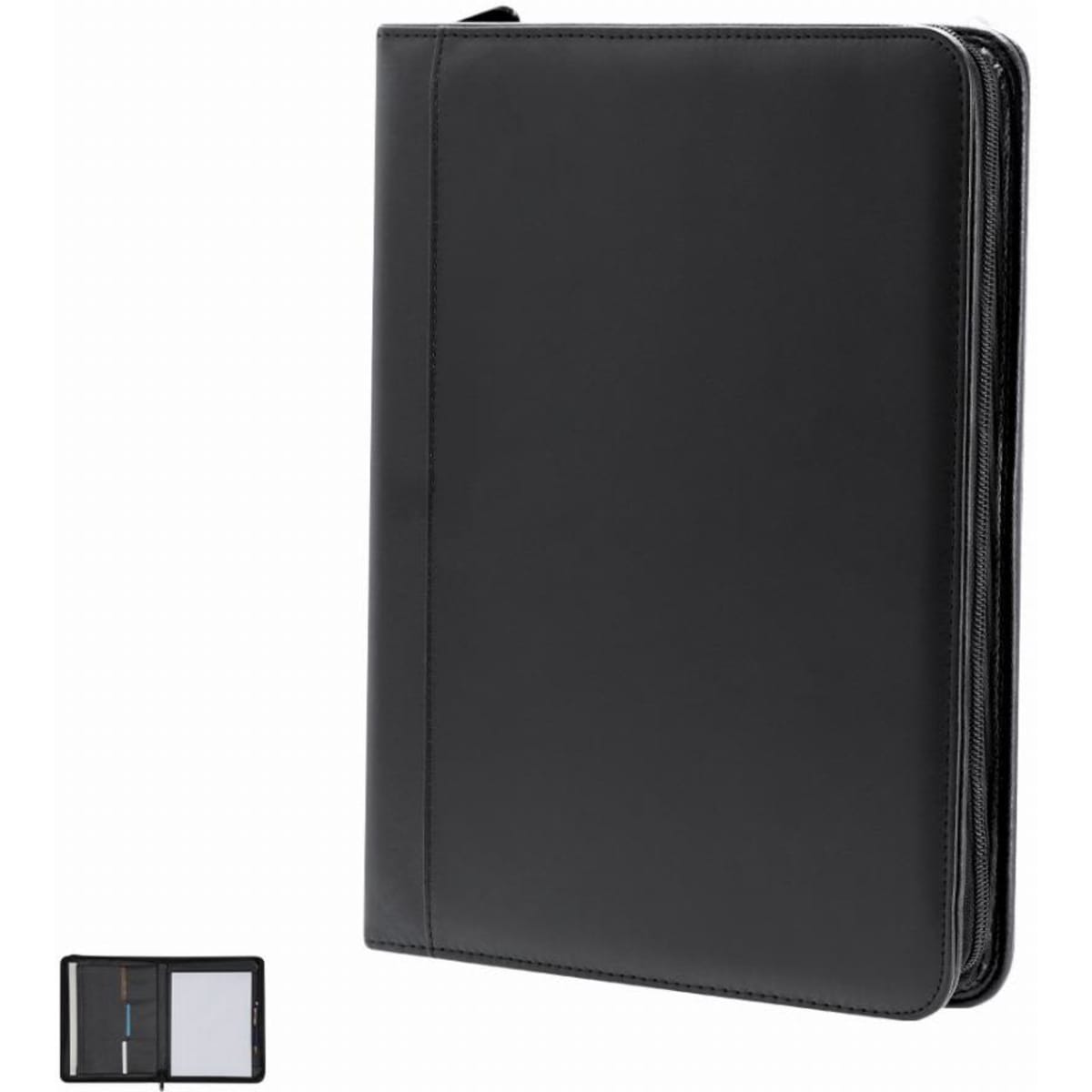A black zippered portfolio with a sleek finish, featuring compartments for documents and a notepad.
