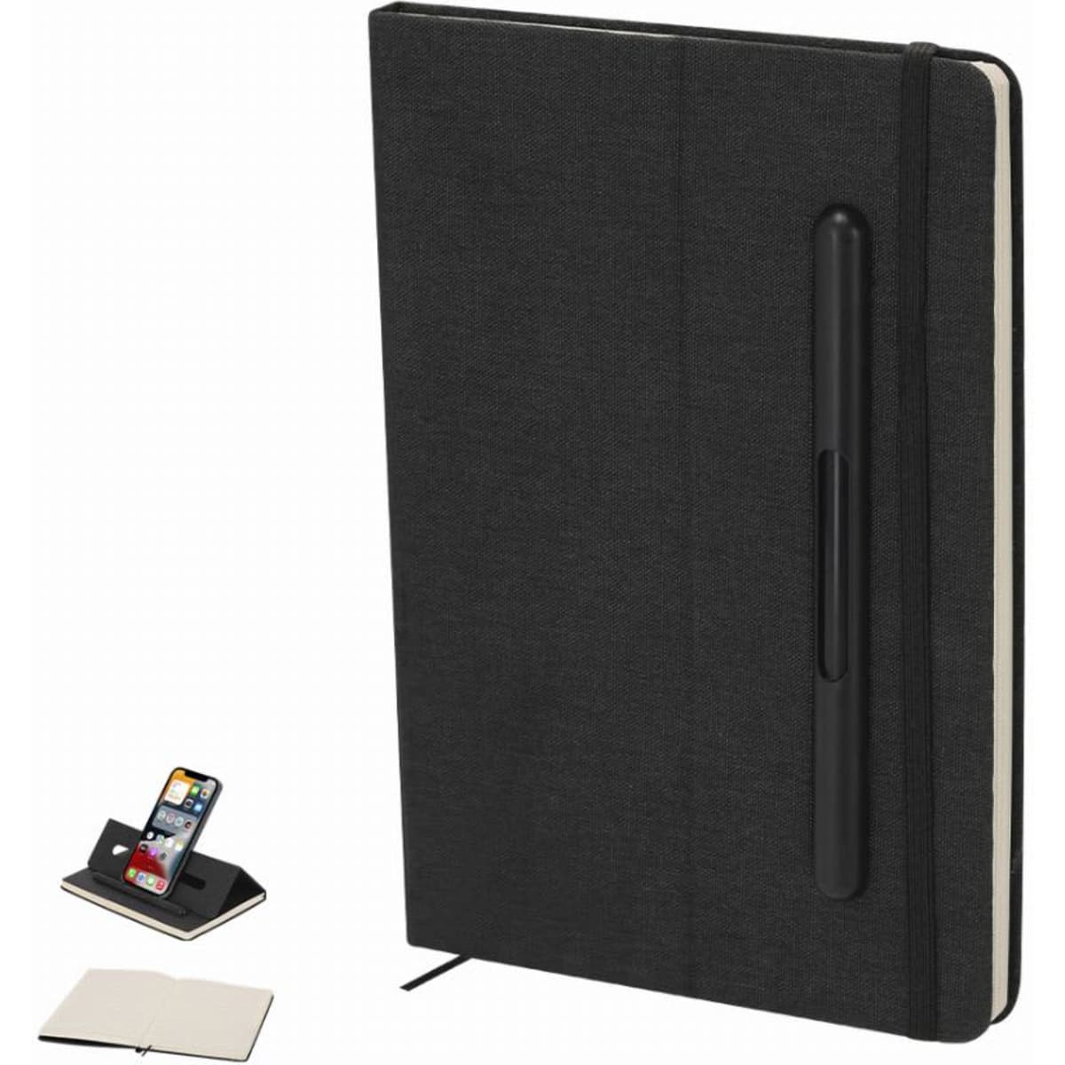 A black notebook with a pen holder and a phone stand, featuring a plain interior and a ribbon marker.