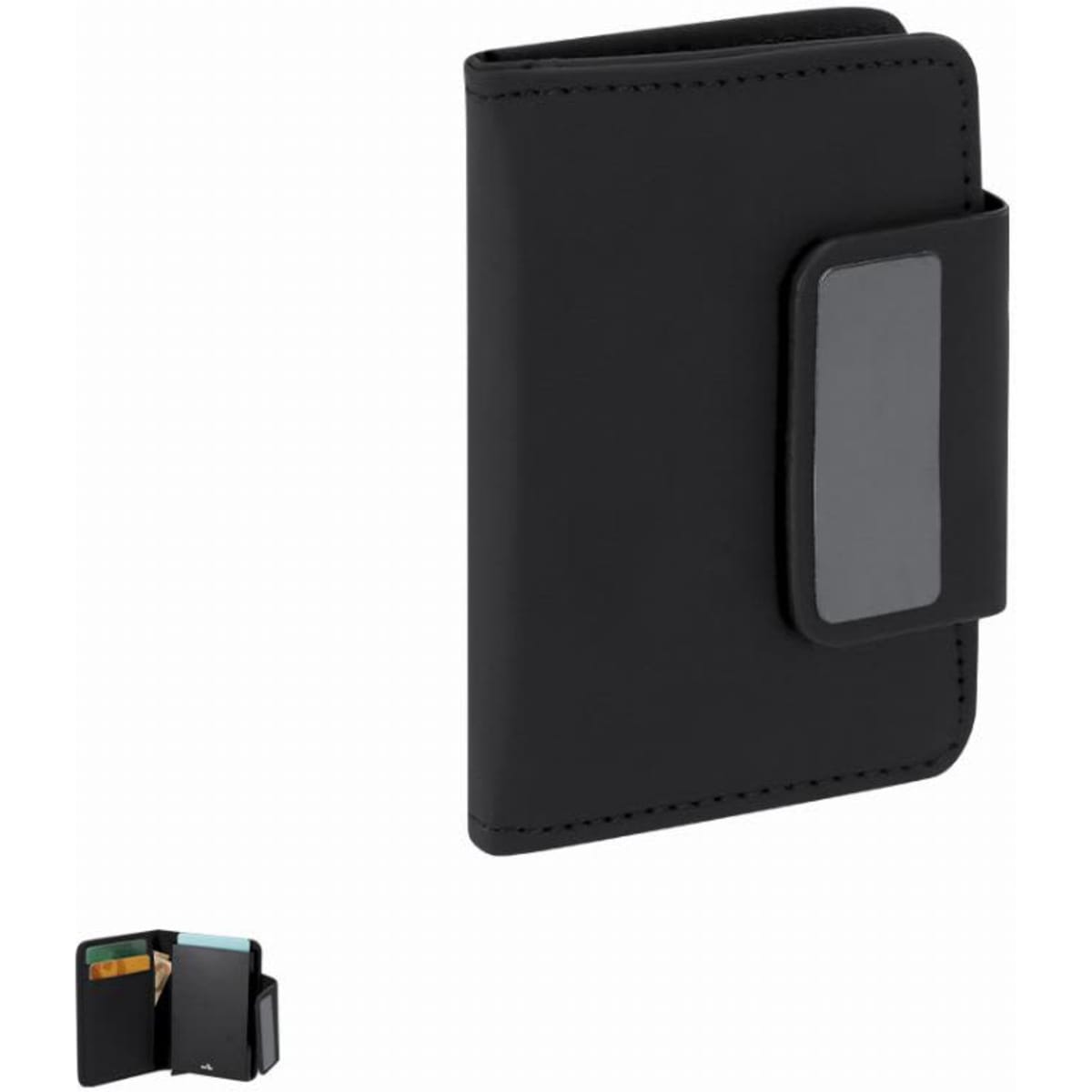 A black business card holder with a clasp and a clear pocket, featuring a smooth finish and compact design.