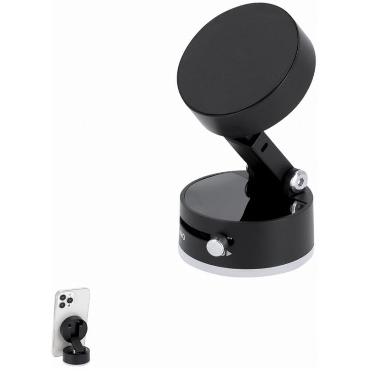 A black adjustable phone mount with a round top and a base, featuring a control knob for adjustments.