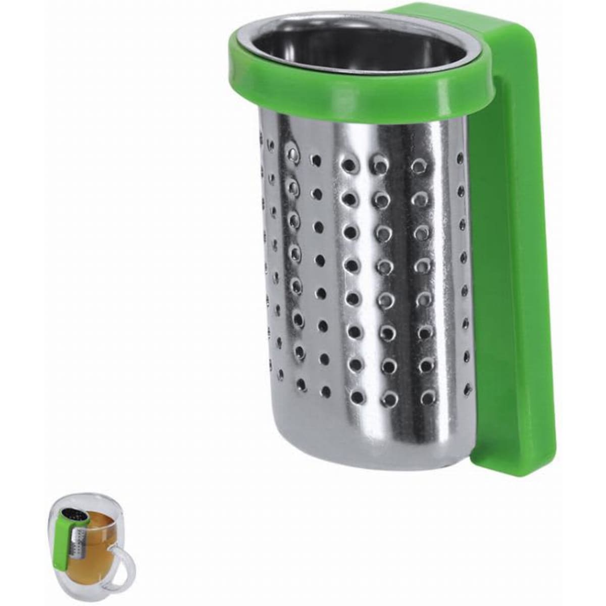A tea infuser with a stainless steel body and green silicone holder, featuring perforated sides for steeping tea.