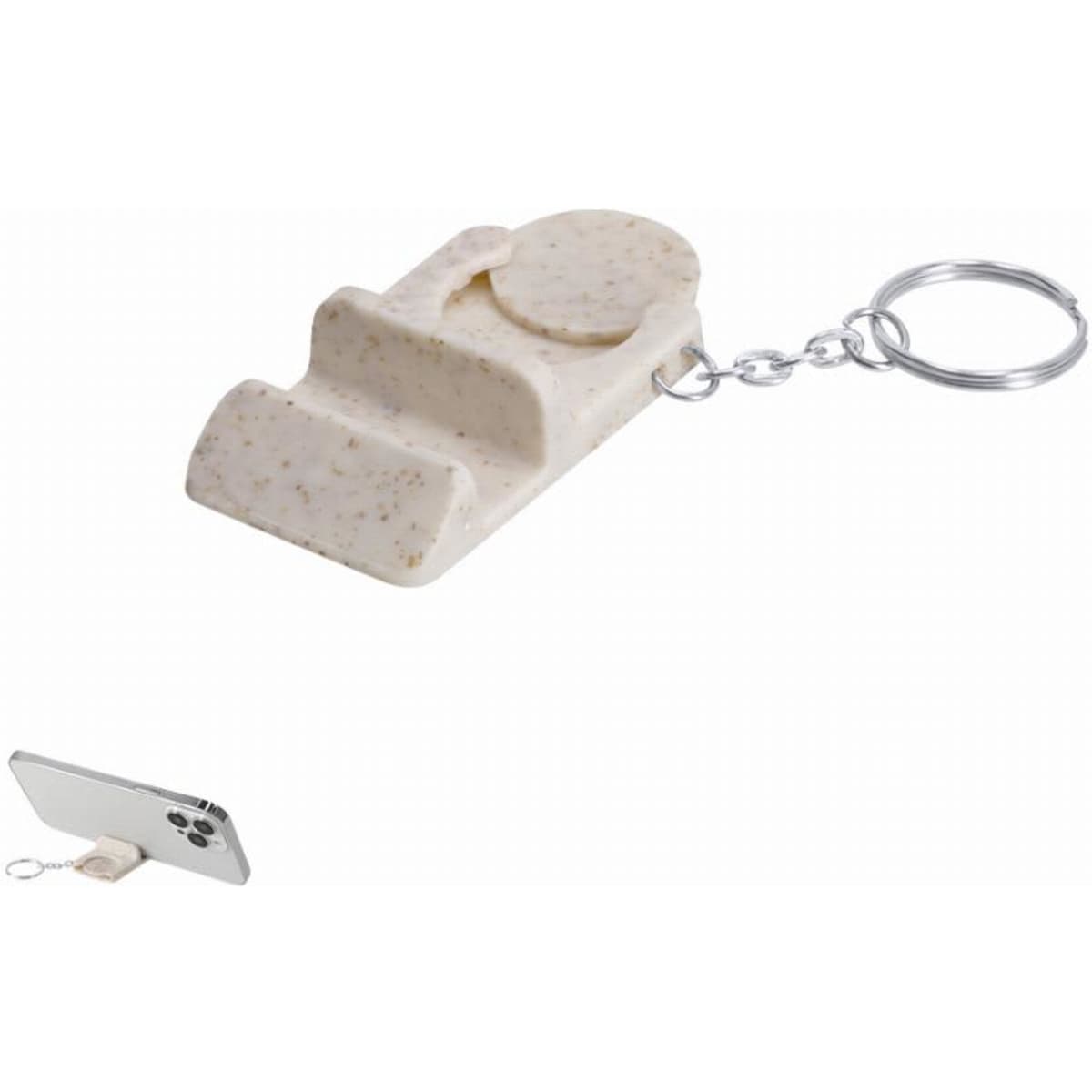 A phone holder keychain in a speckled off-white colour, designed for hands-free use. Features a keyring attachment.