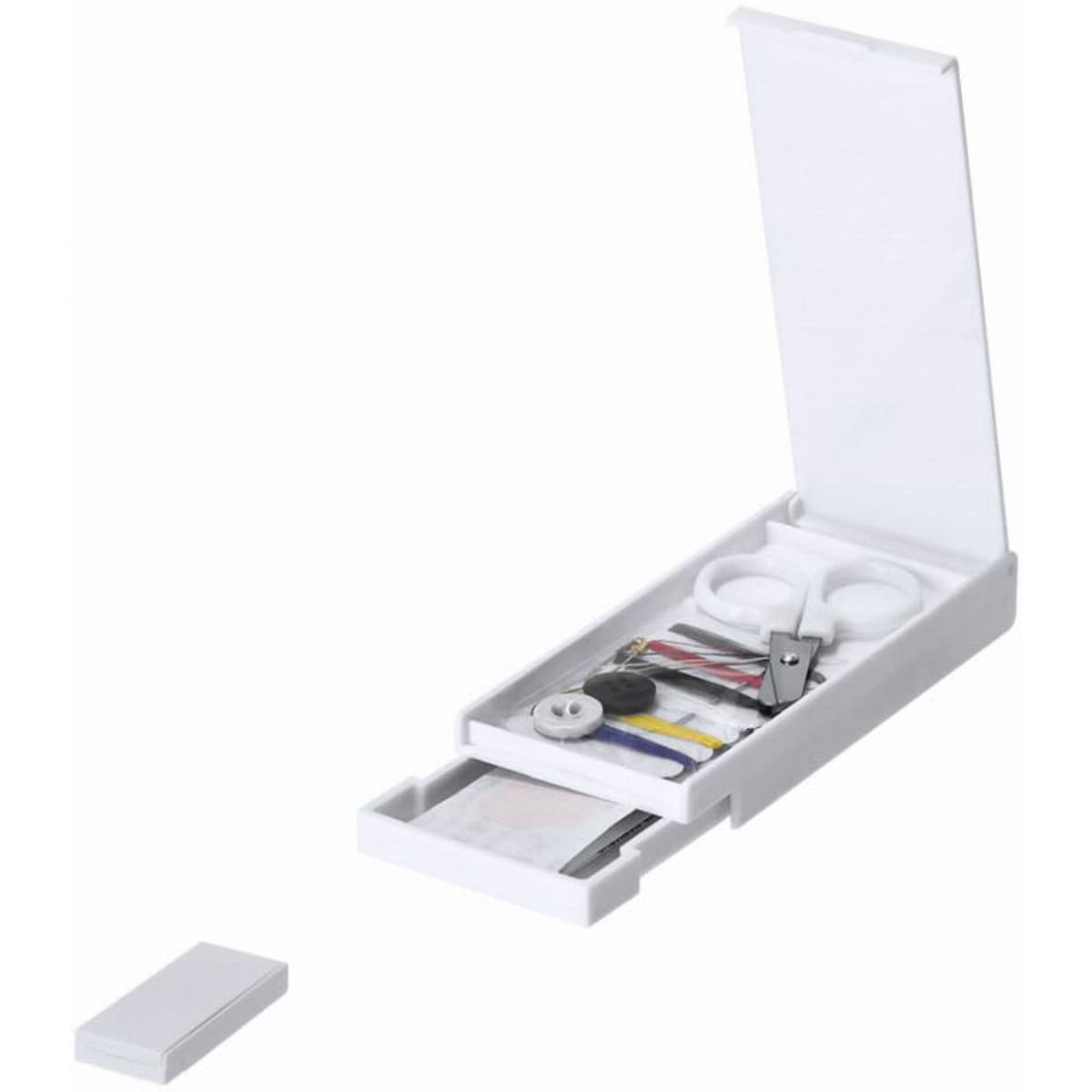 A white promotional product kit featuring various tools and accessories neatly organised in a compact case.