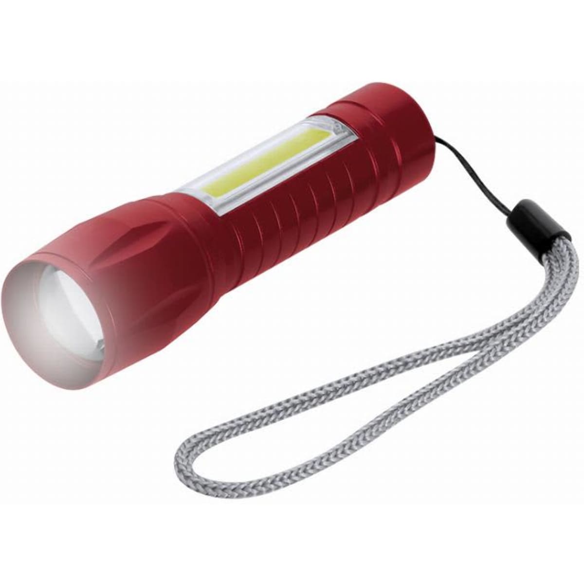 A red flashlight with a textured grip and a wrist strap, emitting a bright beam of light. It features a compact design.