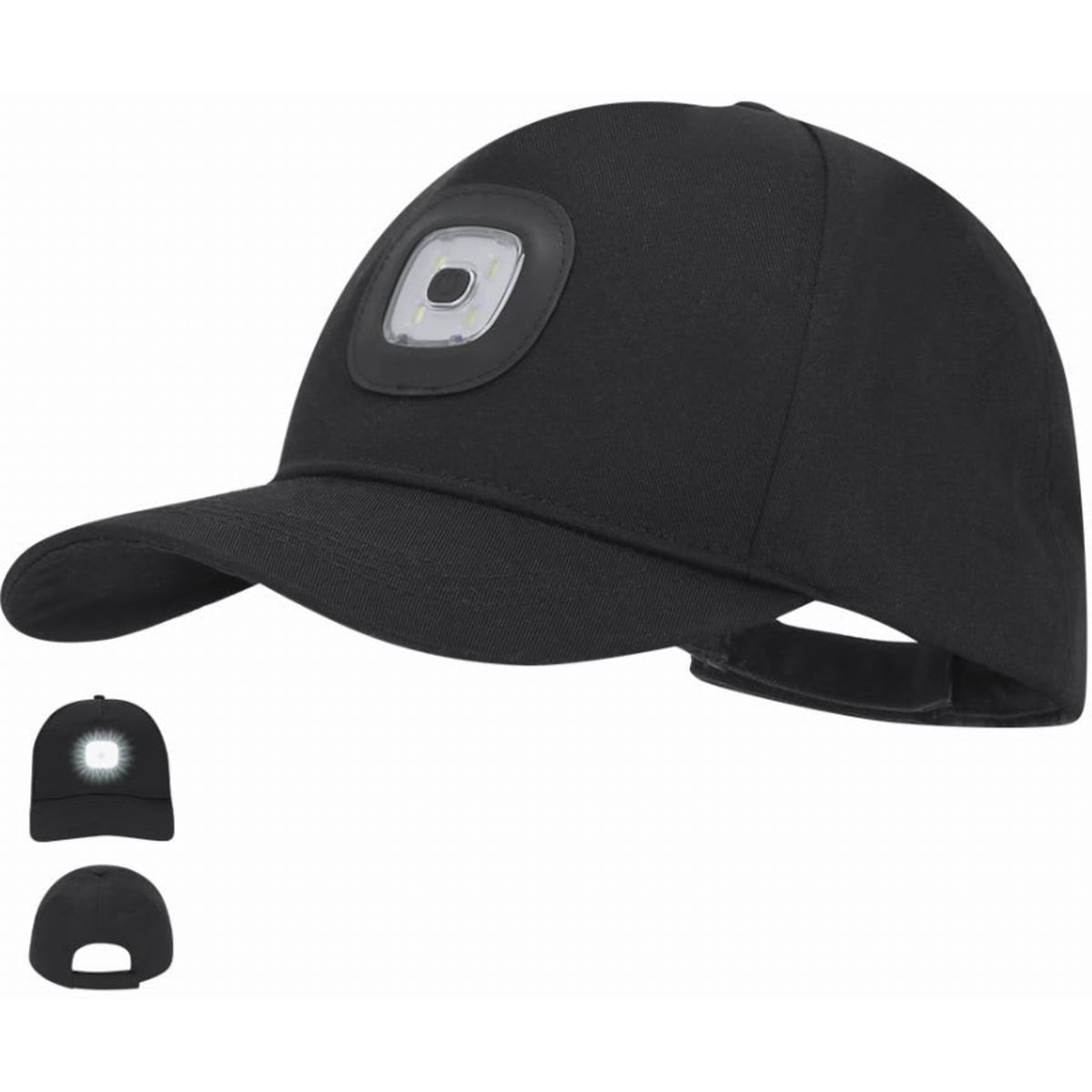 A black cap featuring a built-in LED light on the front and an adjustable strap at the back. It has a logo.