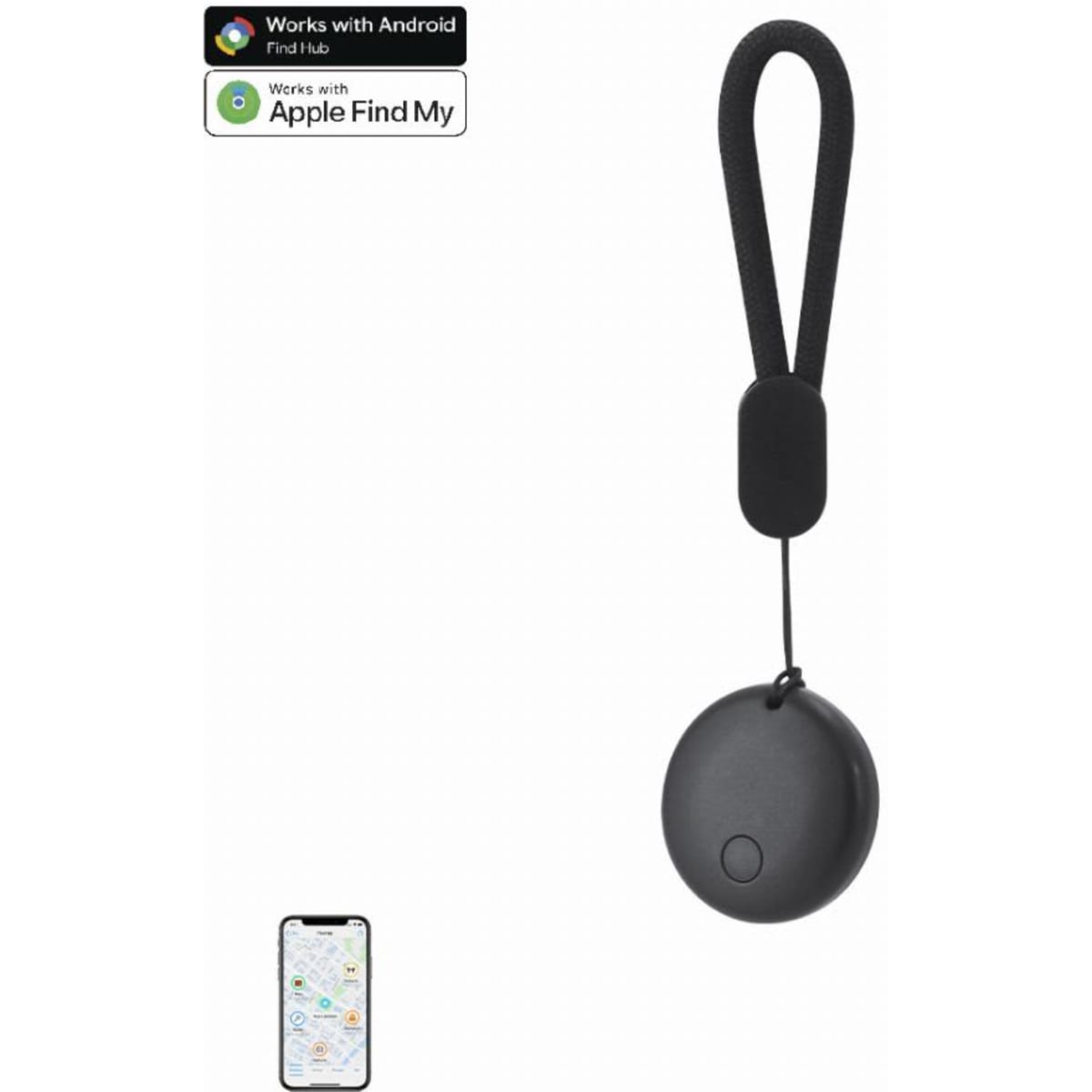 A tracking device in black, featuring a loop for attachment, with a smartphone displaying a location map nearby.