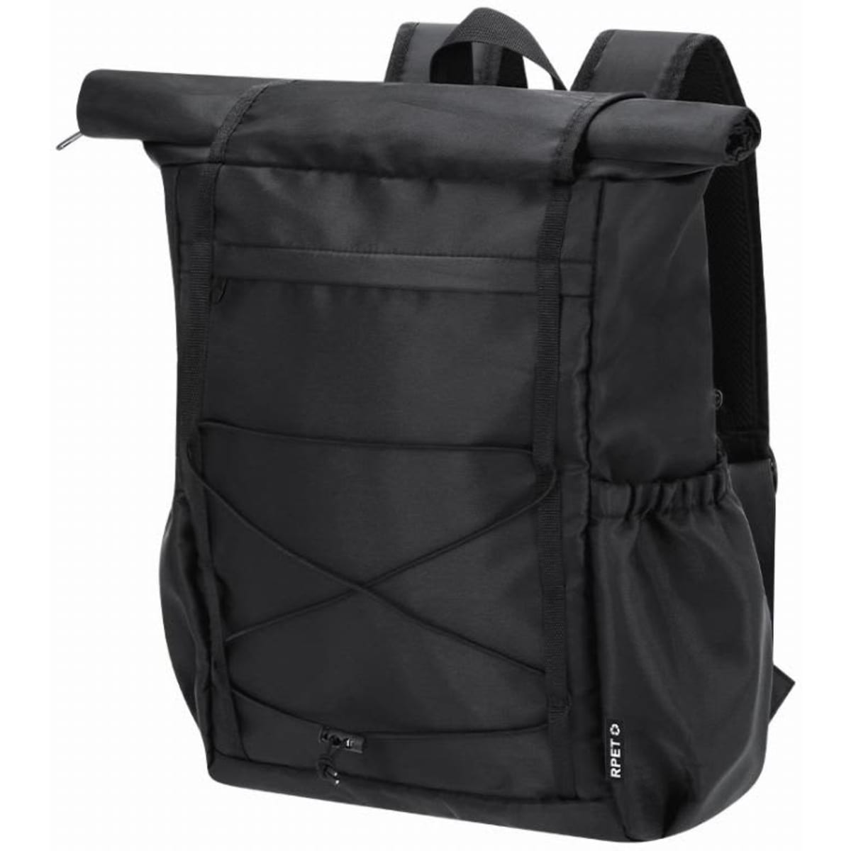 A black roll-top backpack featuring multiple compartments and adjustable straps, with a logo on the side.