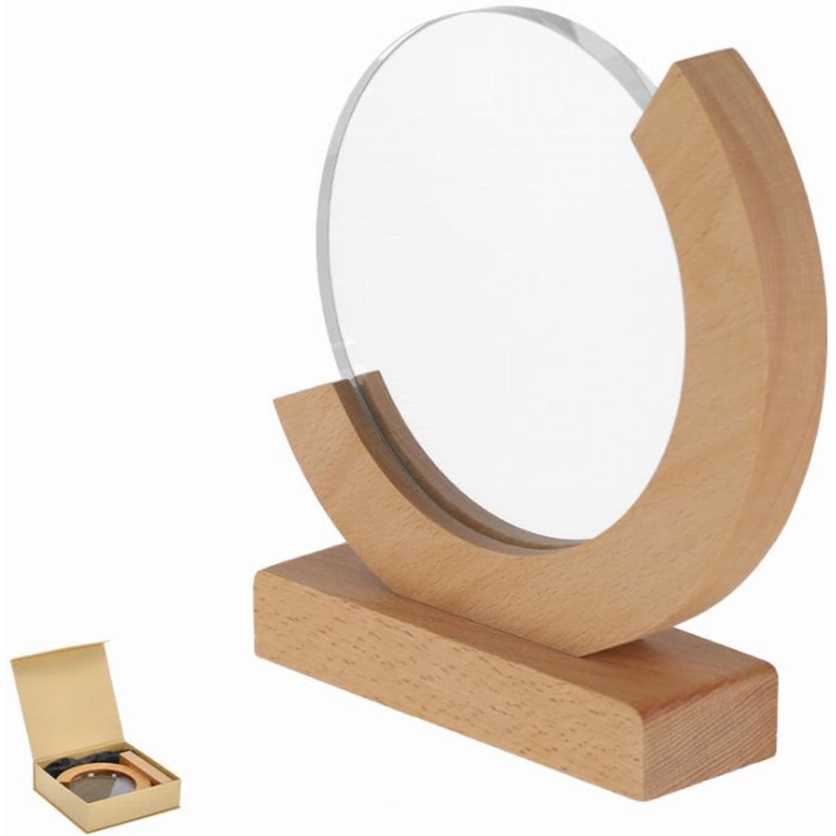 A circular clear glass trophy mounted on a wooden base, presented in a box. The design features natural wood tones.
