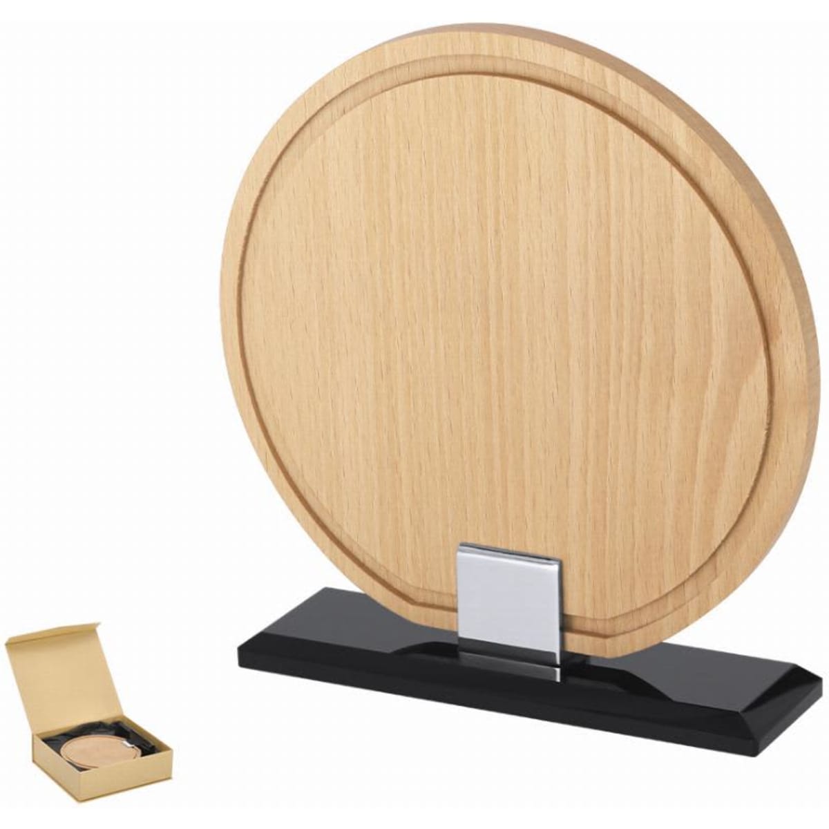 A circular wooden trophy with a polished finish, displayed on a black base. Comes in a gift box.