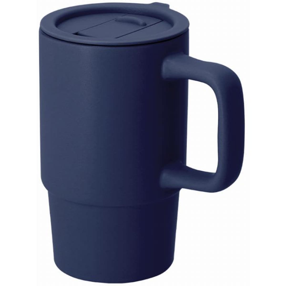 A drink bottle in navy blue with a handle and a secure lid. It has a smooth, matte finish and a branding logo.