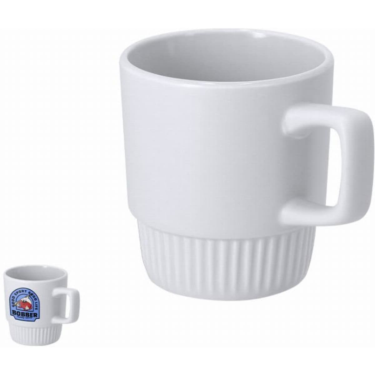 A white ceramic mug with a ribbed base and handle, featuring a logo on a smaller version beside it.