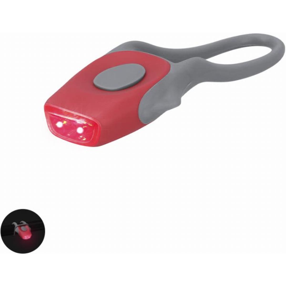A red and grey light with two LEDs, featuring a loop for attaching to items. It has a simple button for operation.