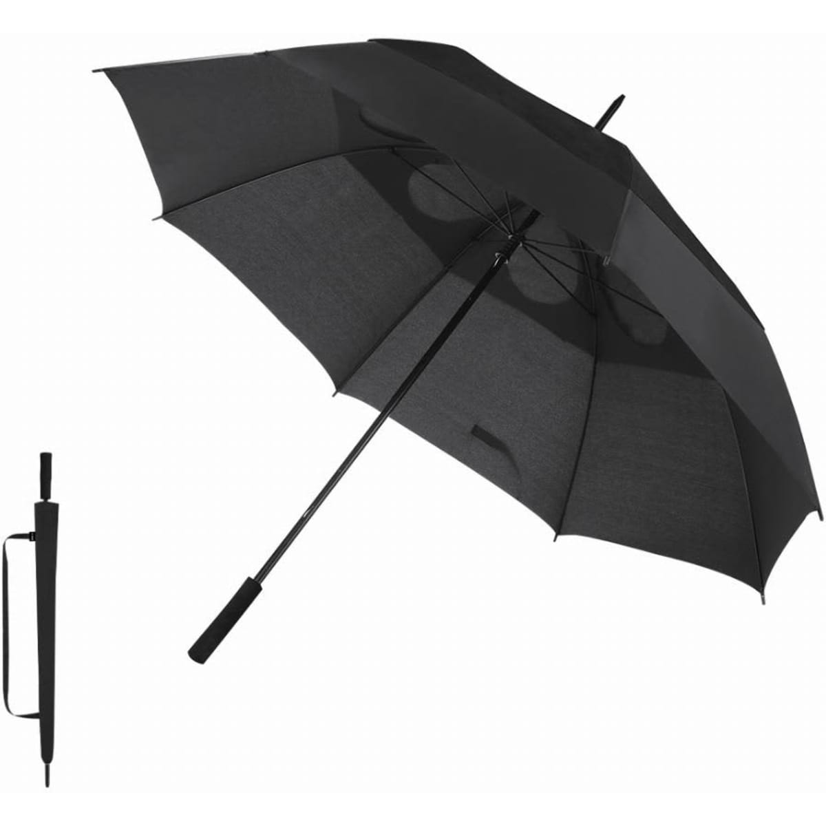 A black umbrella with a sleek design and a matching handle, featuring a compact storage option.
