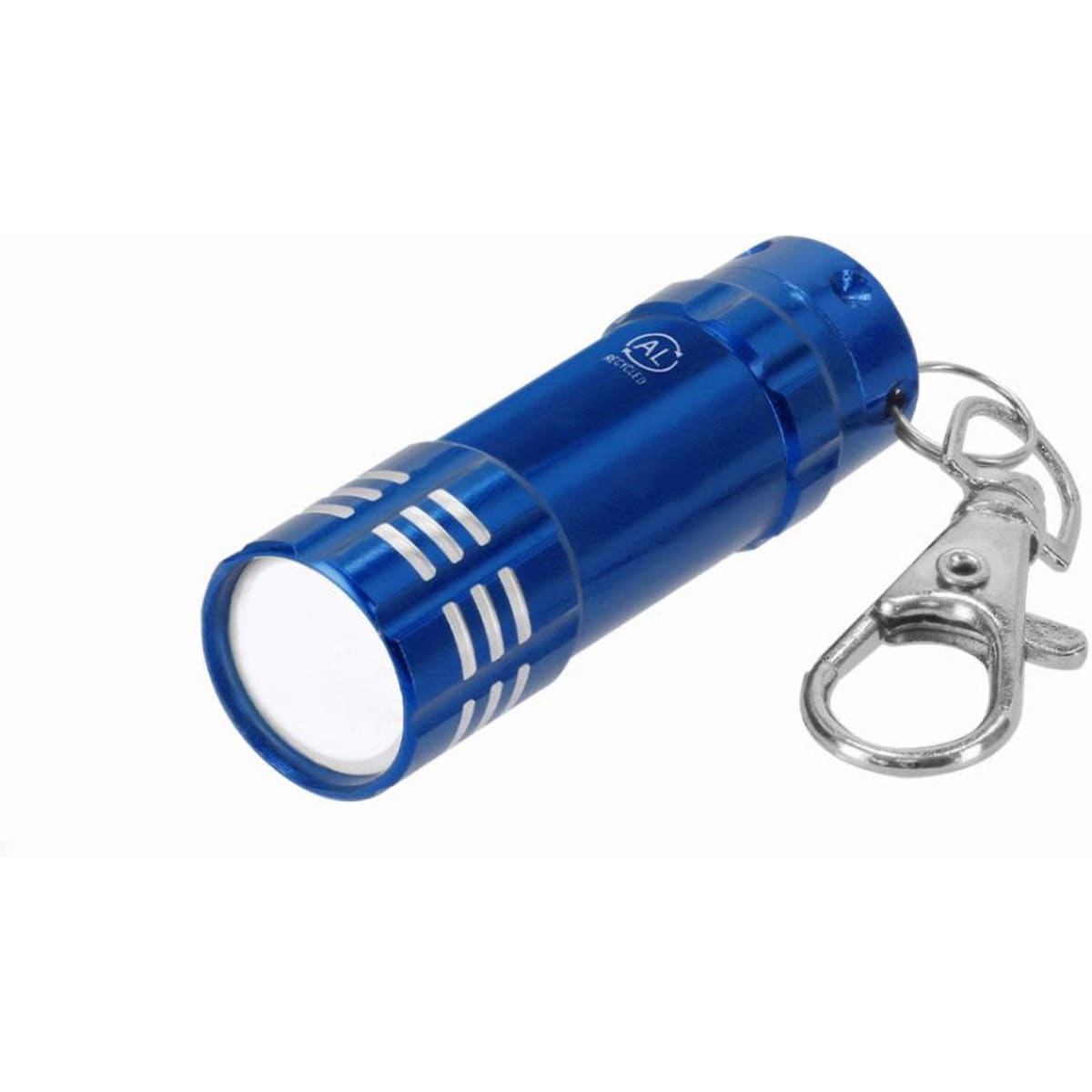 A blue keychain flashlight with a silver clip, featuring striped detailing and a round lens for illumination.
