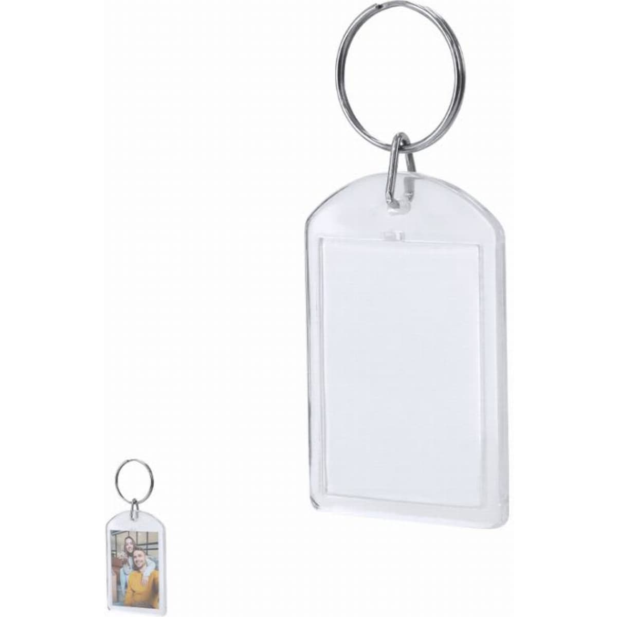 A keychain with a transparent frame for displaying a photo, featuring a metal ring for attachment.