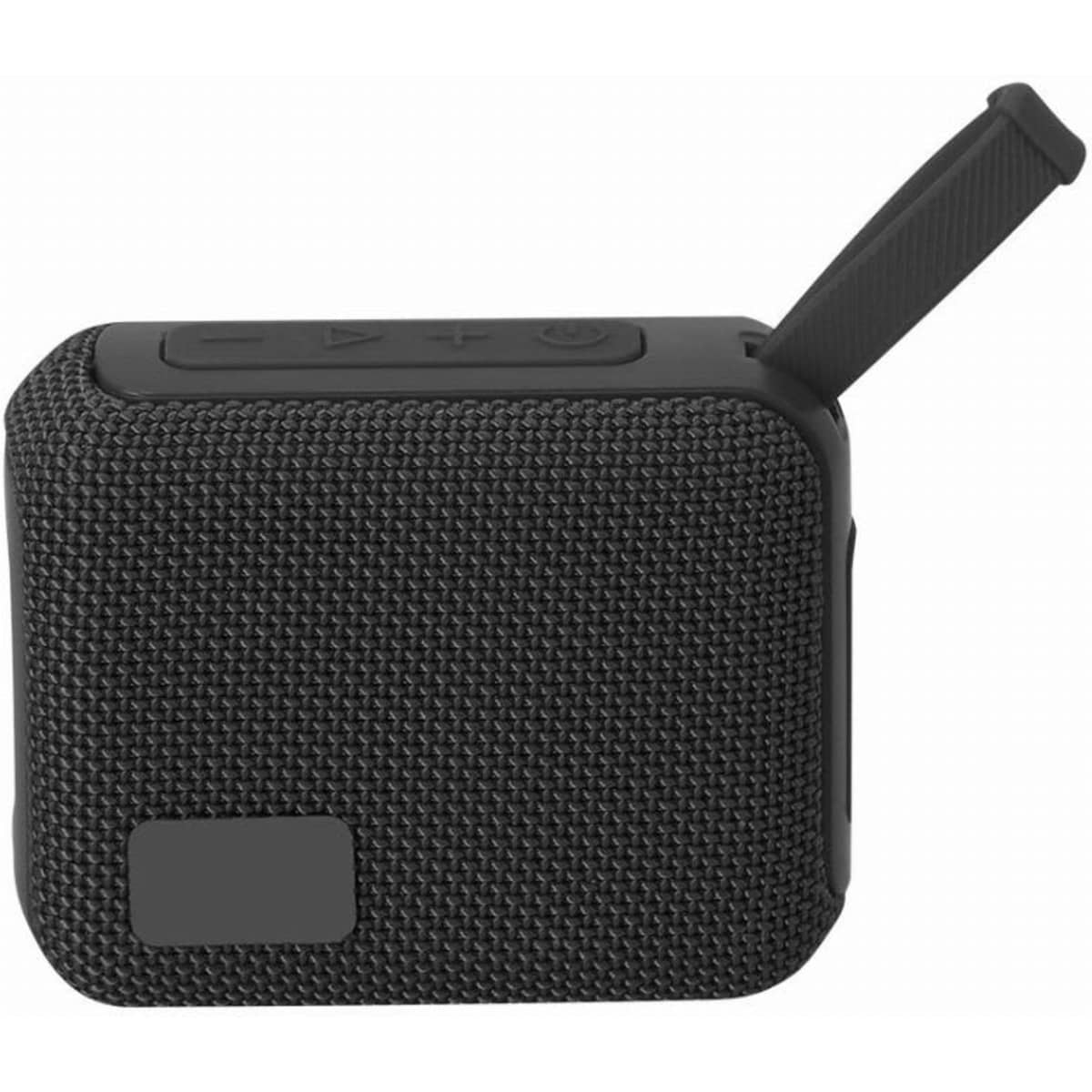 A portable black speaker with a textured exterior and a carry handle, featuring buttons for control.