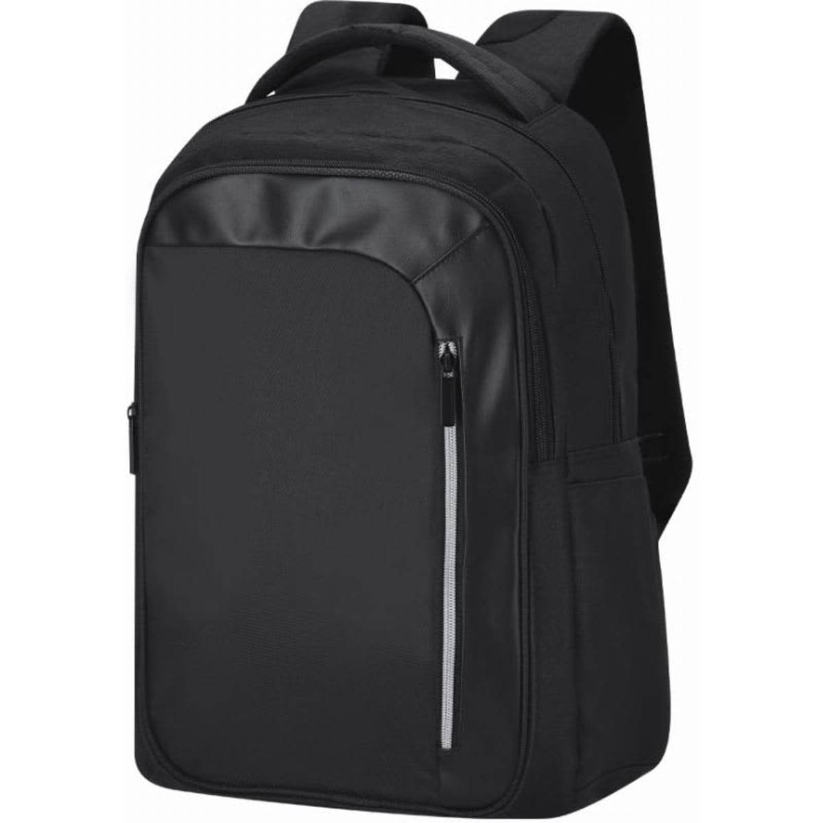 A black backpack featuring multiple compartments and a sleek design. It has adjustable straps and a front pocket.