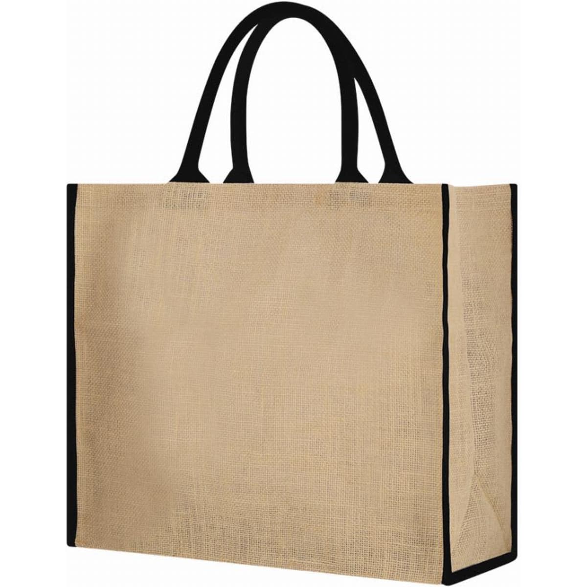A tote bag in a natural hessian colour with black handles and trim. It features a rectangular shape and sturdy design.