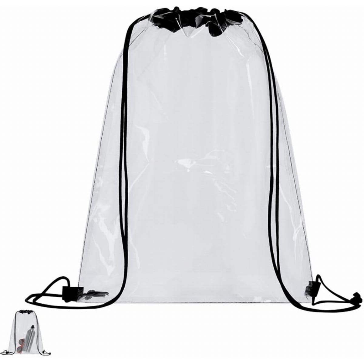 A clear drawstring backpack with black accents, featuring a simple and versatile design.