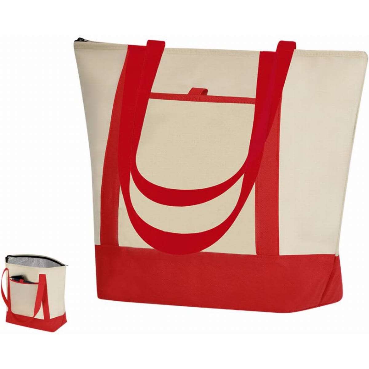 A tote bag with a cream body and red straps, featuring a zippered pocket on the front and a logo.