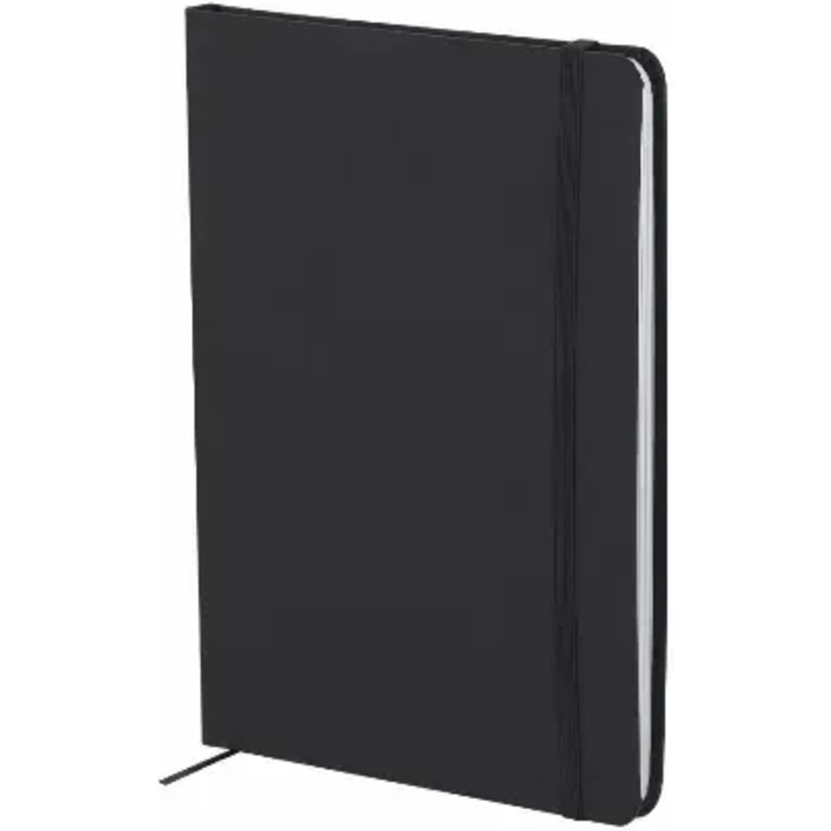 A black notepad with a sleek cover, featuring a ribbon bookmark and an elastic band for closure.